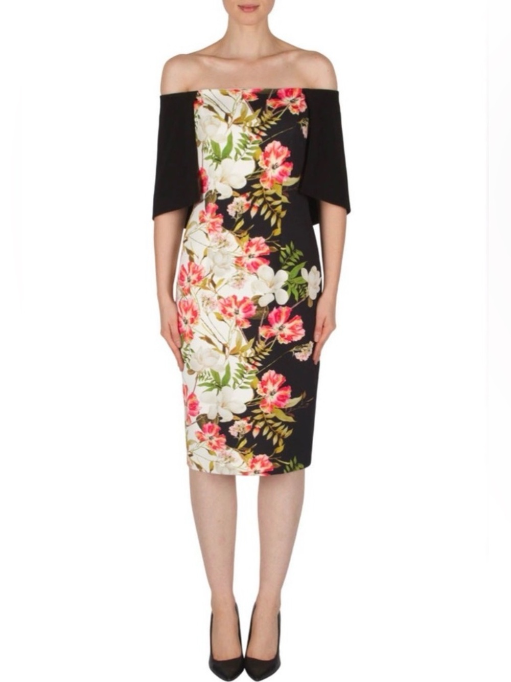 Joseph Ribkoff Floral Off Shoulder Cape Sheath Dress Scuba Size 4